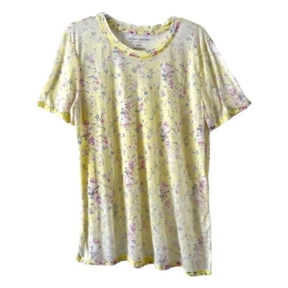 Lucky Brand | Pale Yellow Asian Floral Short Sleeve Tee, Large - Picture 1 of 5